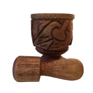 Vintage Hand-carved Wooden Mortar and Pestle Intricate Carving Leaf Design